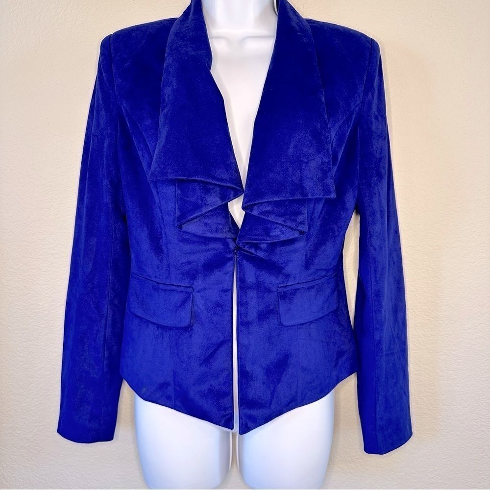 C. Luce Blue Faux Suede Ruffle Blazer